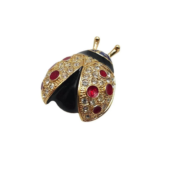 Vintage ROMAN Ladybug Pin Brooch With Red & Clear Rhinestones Gold-Tone Finish - Picture 1 of 5